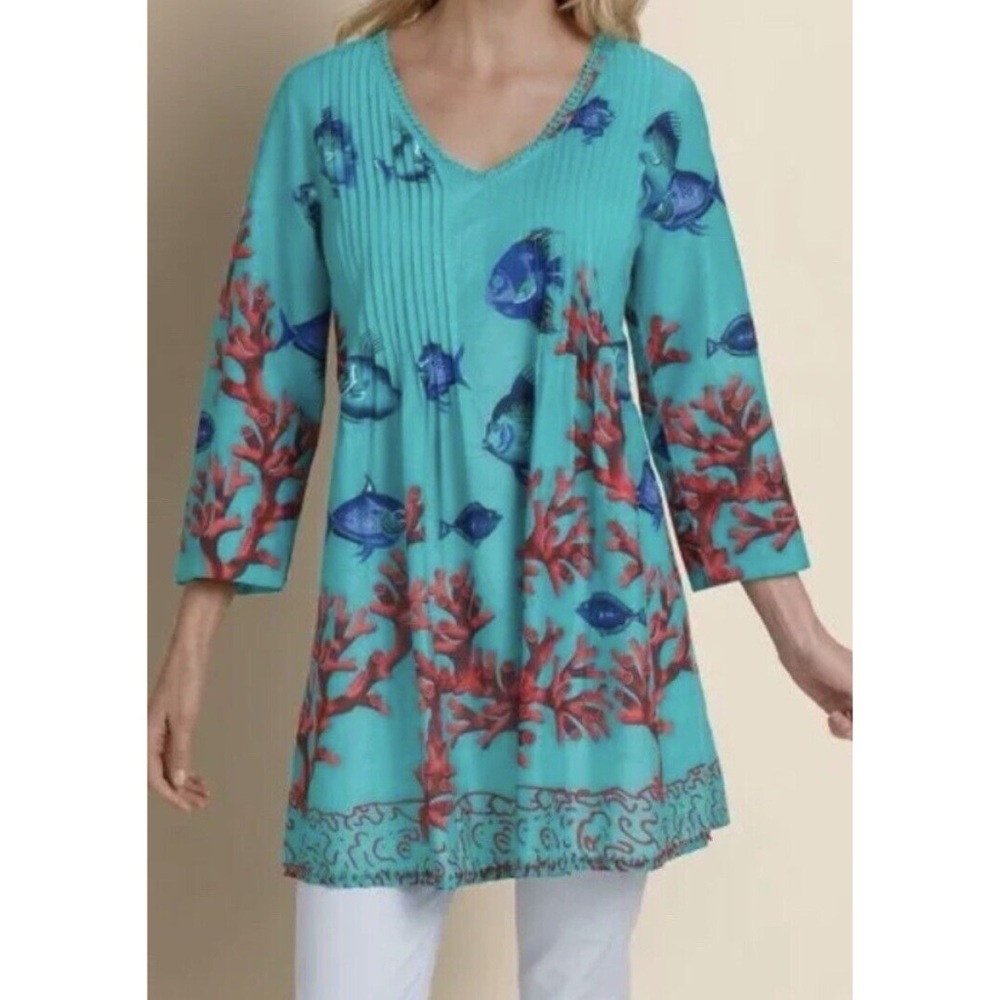Soft Surroundings Seychelles Tunic Dress Cover Up Ocean Theme Fish Travel Sz PL